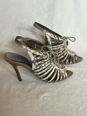 Bourne Designer Slingback Heels in Beige Snake-Print